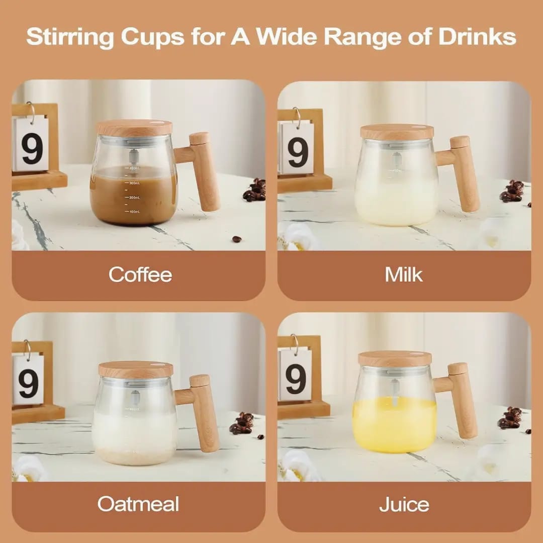 Wooden Design Automatic Self-Stirring Coffee Mug – One Click Electric Mixing Glass Cup