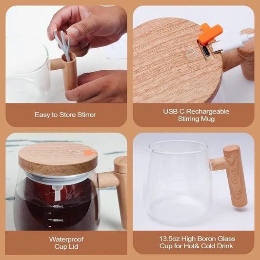 Wooden Design Automatic Self-Stirring Coffee Mug – One Click Electric Mixing Glass Cup