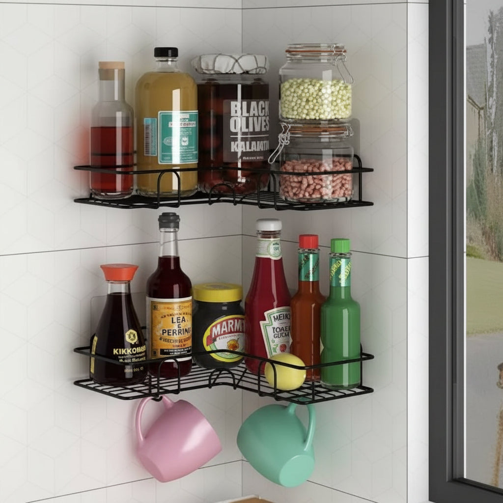 Bathroom Kitchen Punch Corner Frame Shower Shelf Wrought Iron Shampoo Storage Rack
