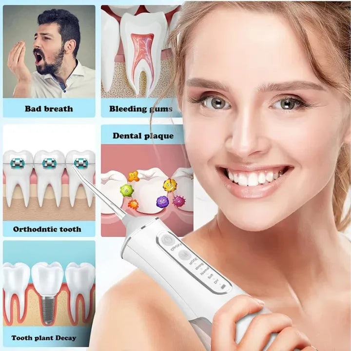 Portable Electric Oral Irrigator Rechargeable Dental Water Jet Cleaner for Fresh Breath Tooth for Deep Gum & Teeth Cleaning 4 Nozzles 3 Modes