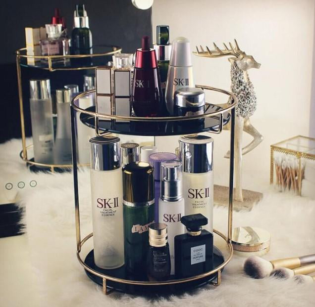 Double Layered Cosmetic Organizer Black Glass Metal