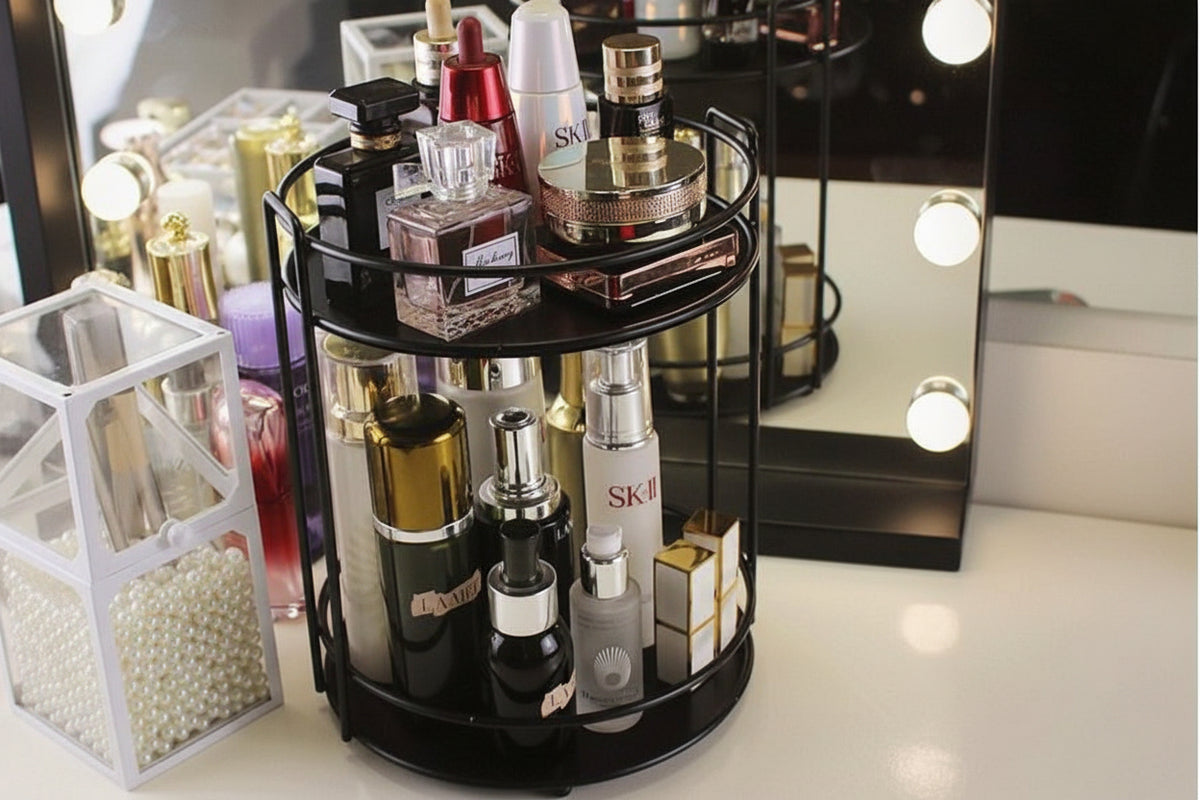 Double Layered Cosmetic Organizer Black Glass Metal