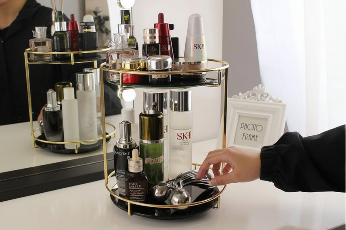 Double Layered Cosmetic Organizer Black Glass Metal