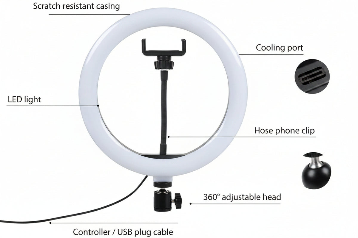 26 CM selfie LED Ring Light With Ball Head Mobile Holder 3 Colour Brightness with Dimm full option