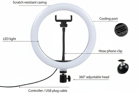 26 CM selfie LED Ring Light With Ball Head Mobile Holder 3 Colour Brightness with Dimm full option