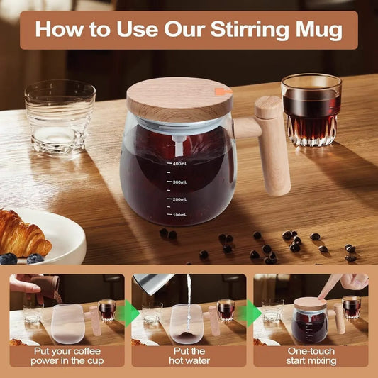 Wooden Design Automatic Self-Stirring Coffee Mug – One Click Electric Mixing Glass Cup